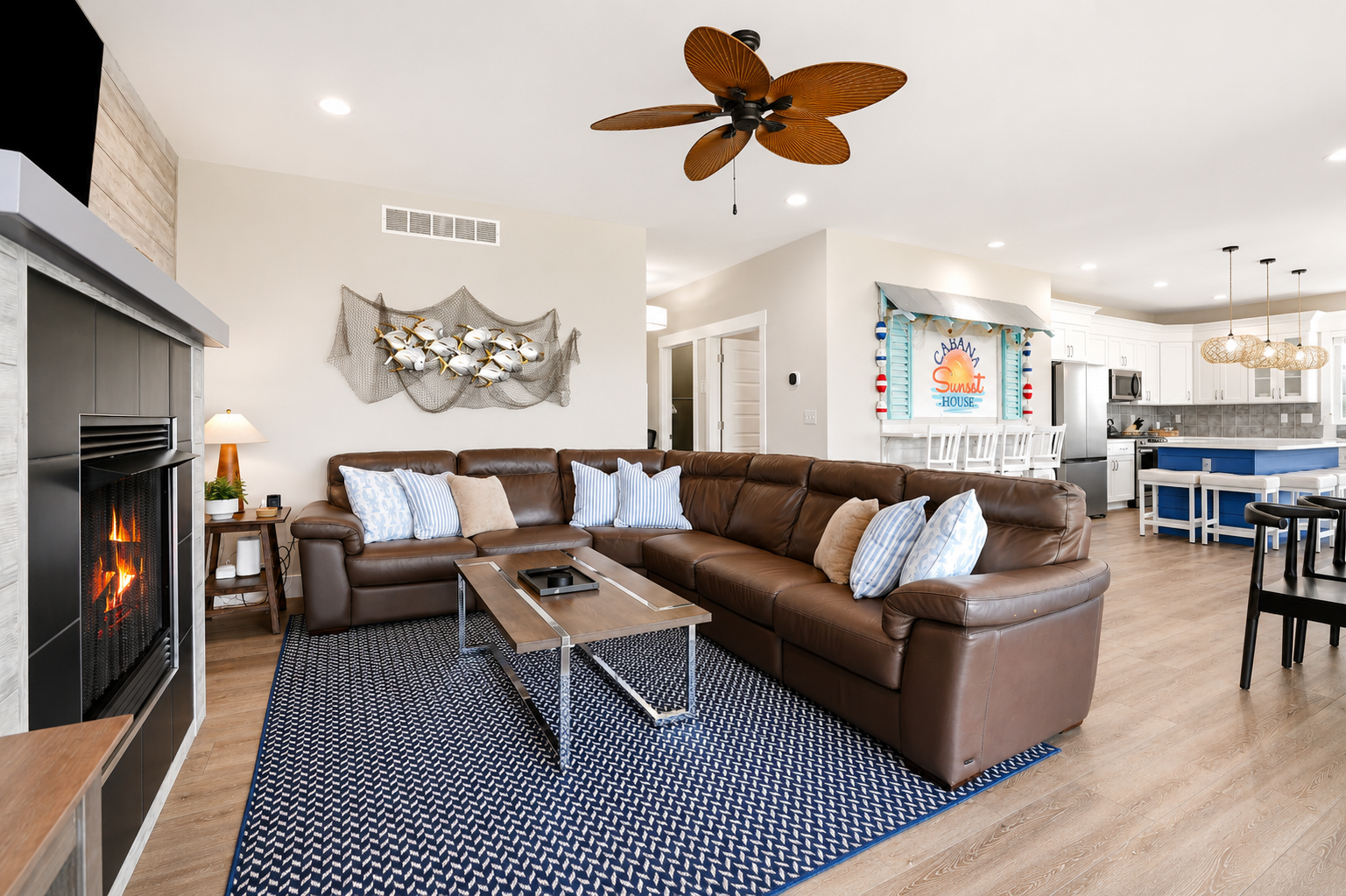 Enjoy the spacious open-concept layout, where the cozy living room flows seamlessly into the dining area and fully equipped kitchen—perfect for gathering, relaxing, and making memories together.