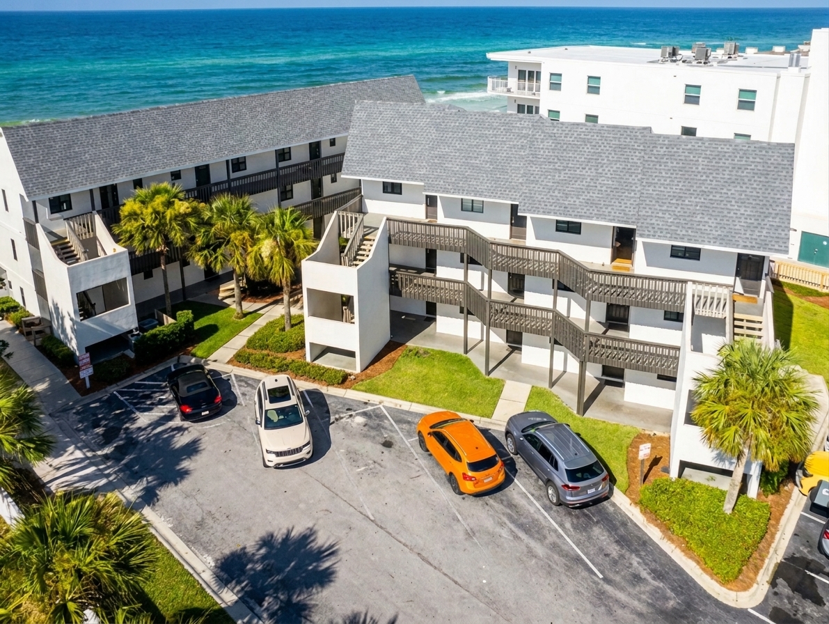 Beachside Condos from above, steps from the Gulf