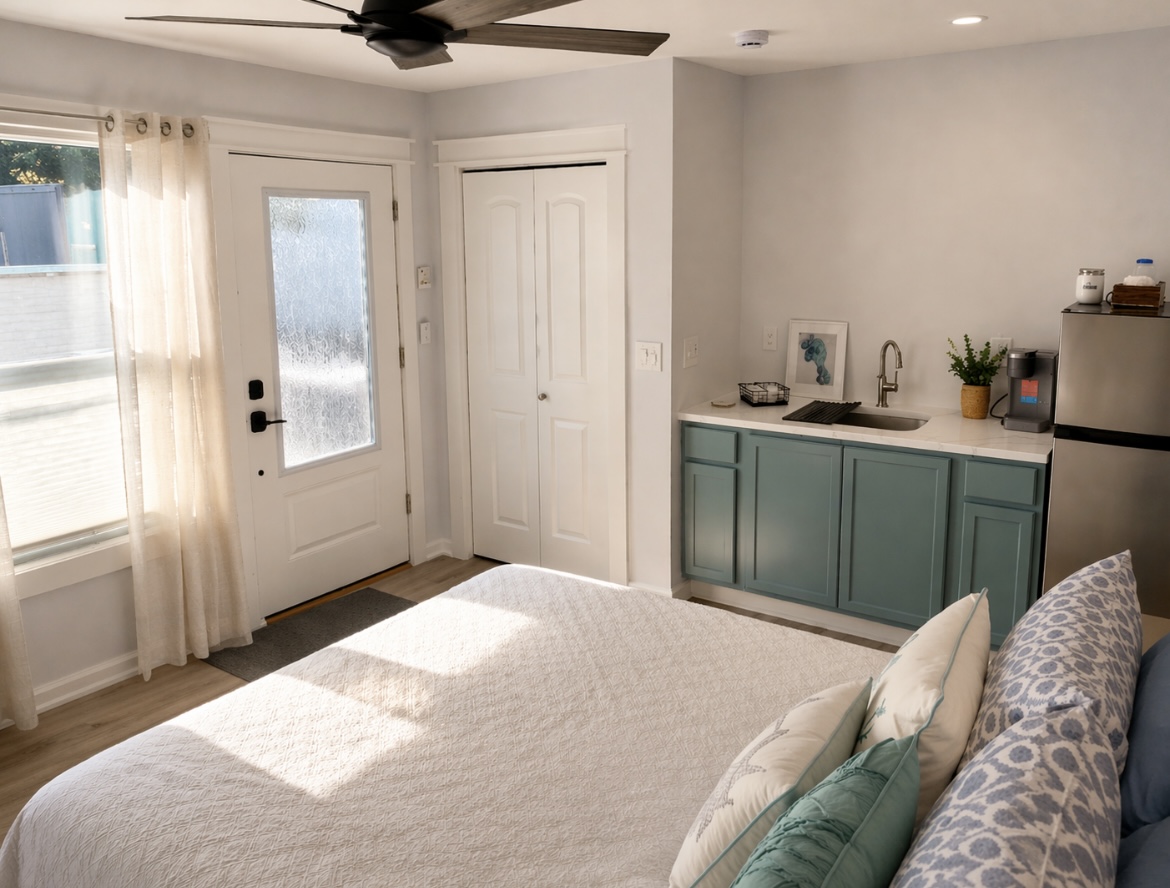 Wake up to natural light and enjoy a thoughtfully designed space with a convenient kitchenette for coffee, quick meals, and easy stays.