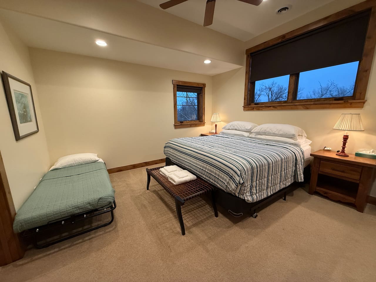 Roll away bed available in upstairs king bedroom. 