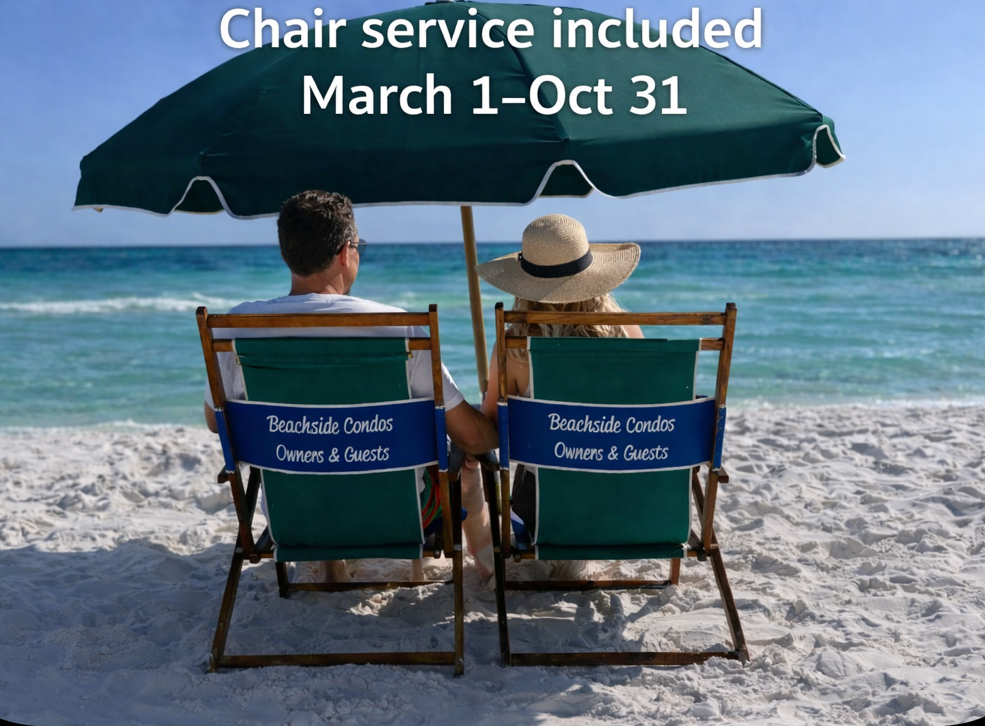 Private beach access + chair service for 2 included—beach days made easy.