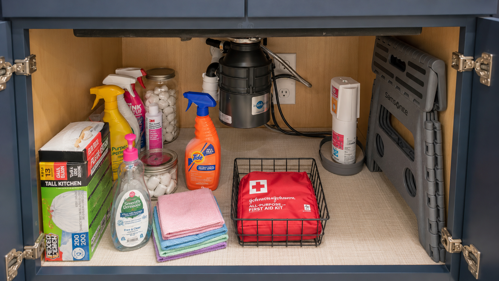 Well-stocked for your convenience cleaning supplies and first aid at hand!