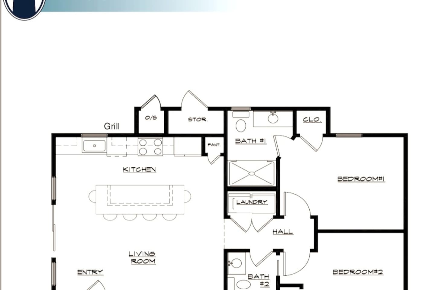 Condo floor plan. Private patio is located outside the sliding door on the left side. 