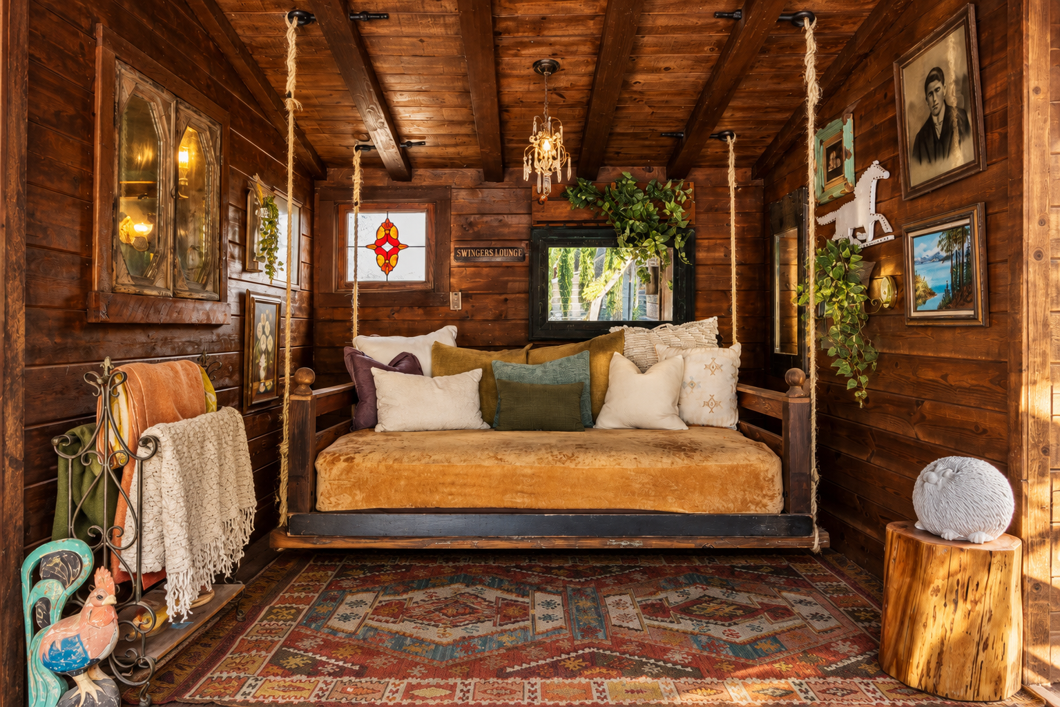 Meet the Bali Bed: a one-of-a-kind swinging daybed tucked into its own wood-paneled, art-filled lounge, made for reading, napping, cocktails or doing absolutely nothing. (AKA: "Swingers Lounge!" ;-) 