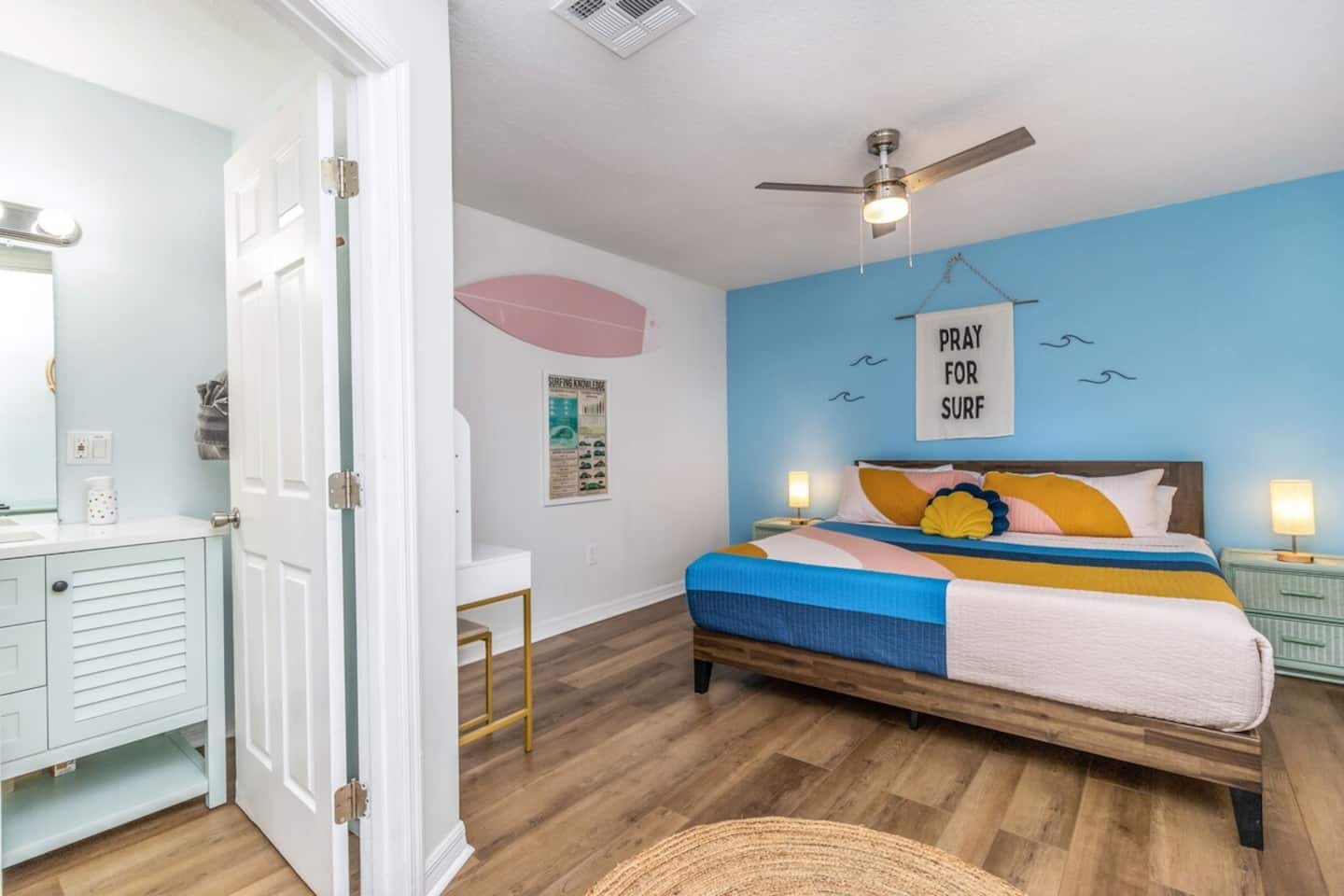 Surf Themed King Master Suite with new memory foam mattress.