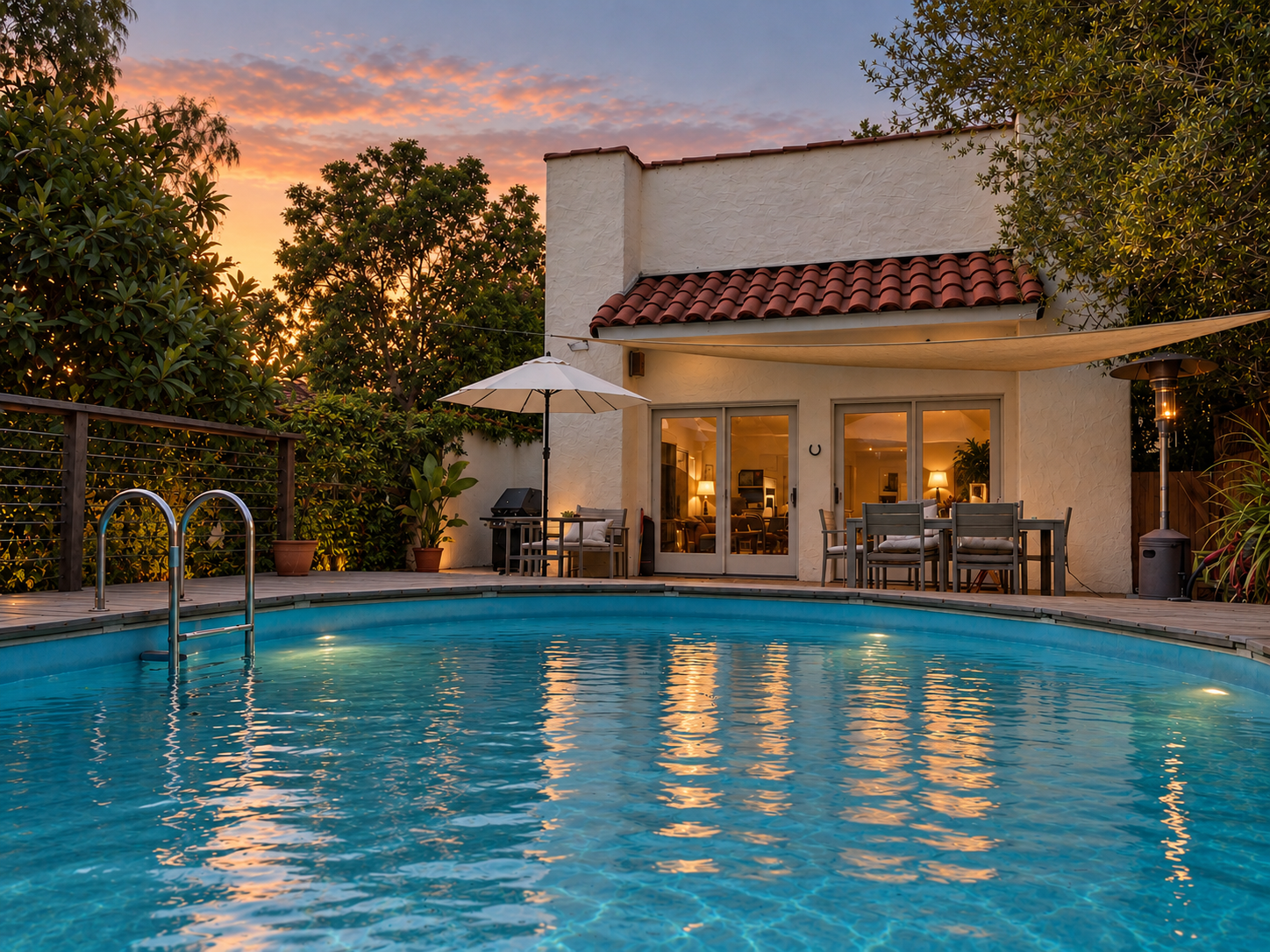 Pool and deck looking toward the main house.