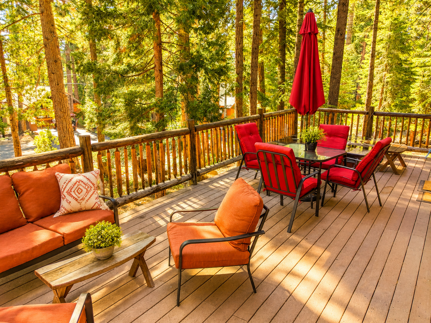 Our large deck area has plenty of seating to relax in the pines in the summertime!  In the winter, the seating will be put away because we usually get a LOT of snow.  But you'll still be able to enjoy the hot tub!