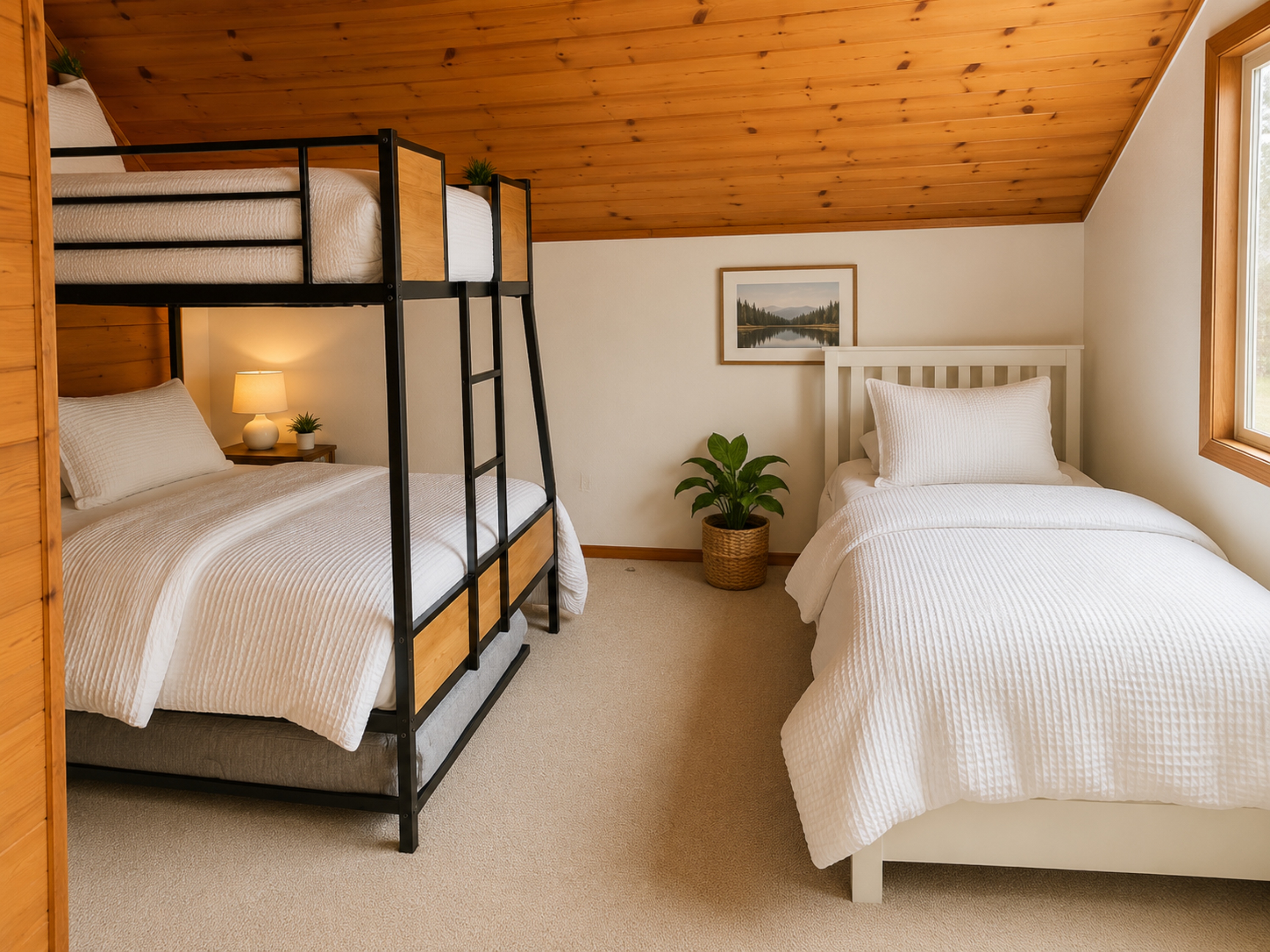 Spacious family-friendly bedroom with a queen bed, two twin beds, two extra twin mattress, and a crib— perfect for groups traveling with kids.