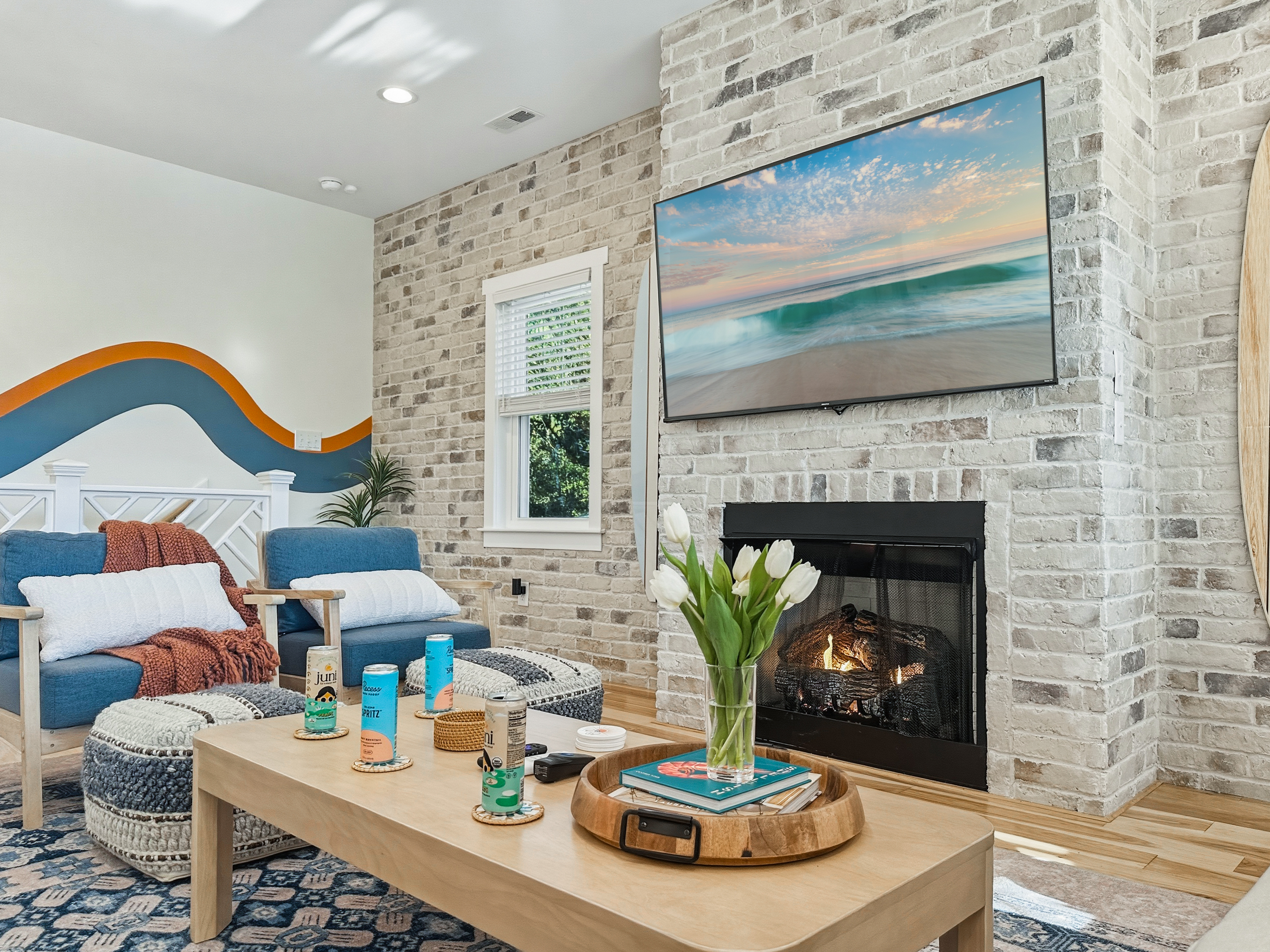 Put on your favorite show on the Roku TV or just enjoy the fireplace.