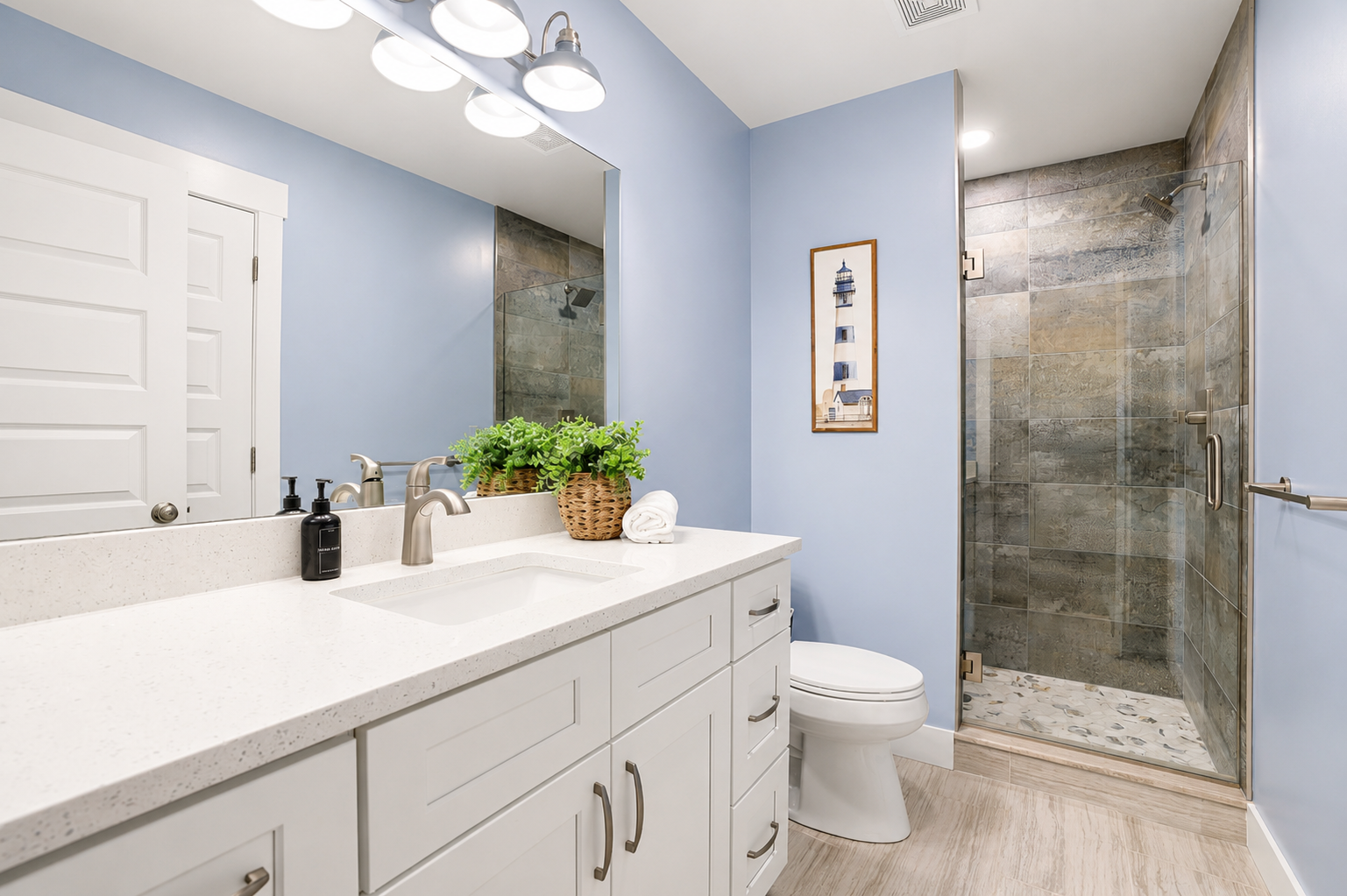 Thoughtfully designed with a large vanity, generous counter space, and plenty of storage, making it easy for guests to get ready with comfort and convenience.