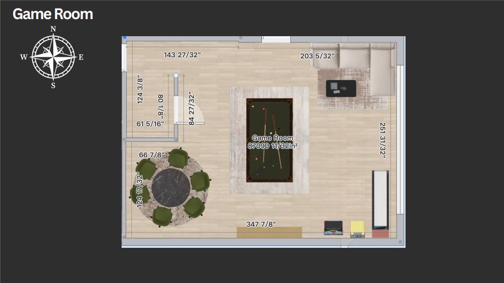 Game room layout with pool table, arcade zone, and lounge seating
