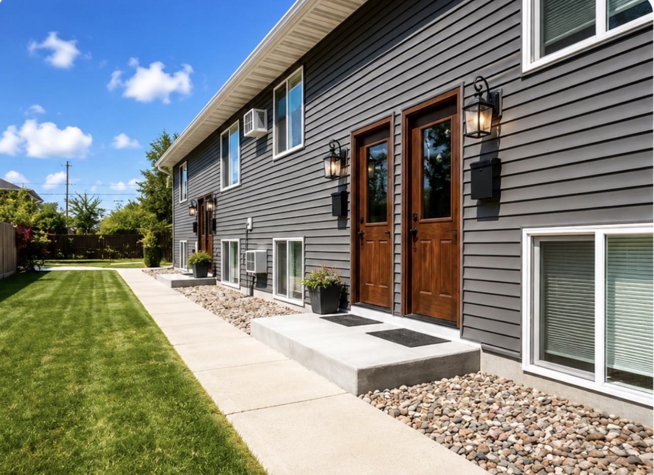 Private exterior entrance with well-kept walkway and landscaped lawn