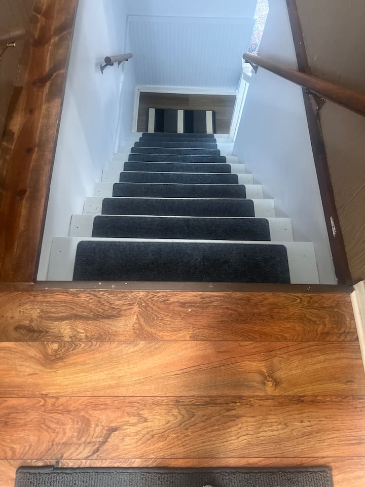These are the Stairs going to the lower level, there you’ll find additional bedrooms and bathroom as well as the laundry area. There is also a door to the “walkout” 