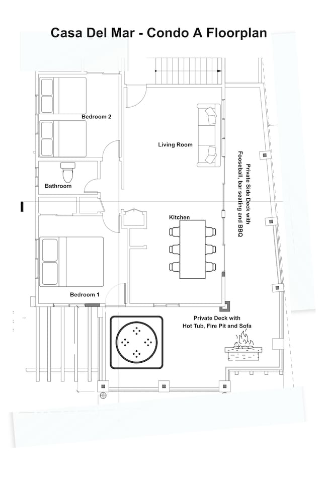 Here is a floorplan for this 2-bedroom / 1 bath condo with Private Deck