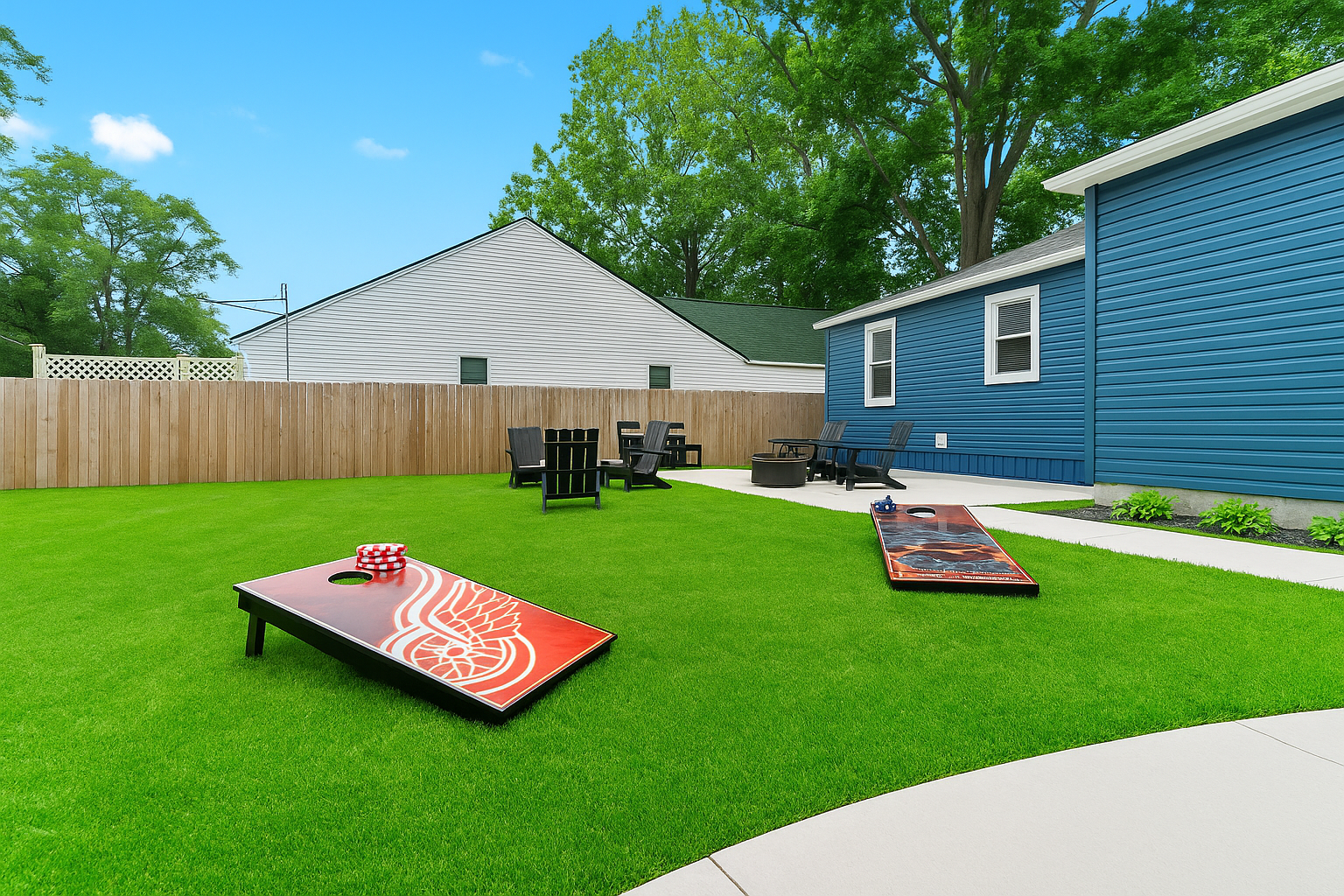 Spacious fenced backyard with a gas fire table, BBQ grill, and plenty of seating—perfect for outdoor dining and evening hangouts.