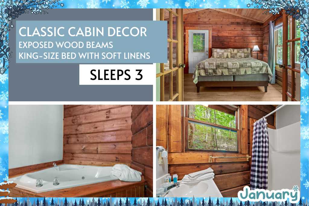 Classic cabin vibes with exposed beams, comfy bedding, and cozy corners.