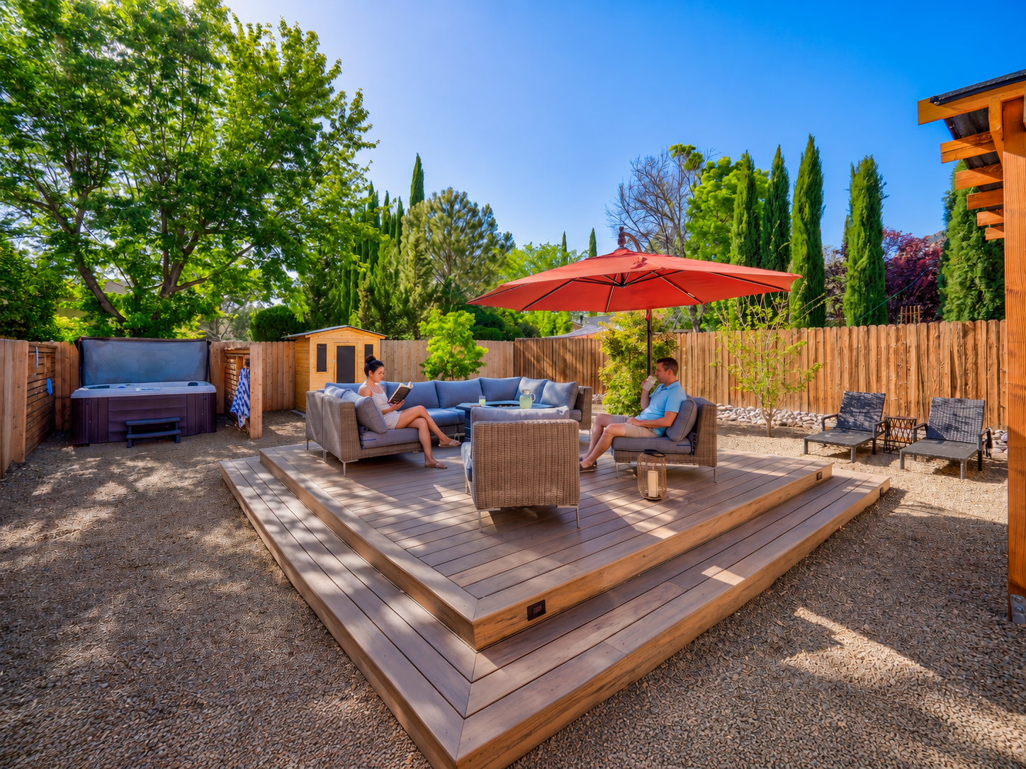 {Backyard} A serene desert oasis featuring a hot tub, infrared sauna, brand new cold plunge, and stargazing lounge deck.