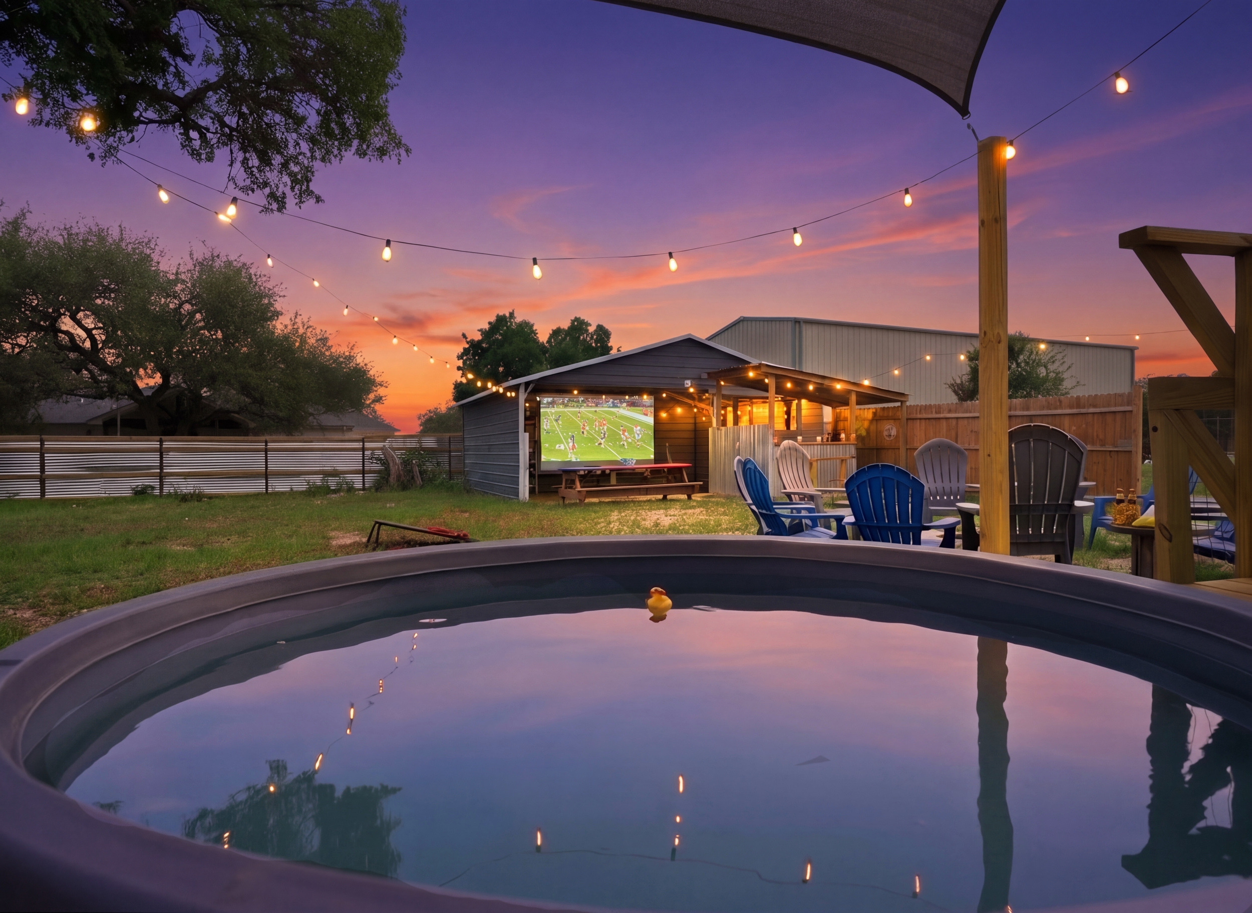 Private cowboy pool under the lights — soak, cool off, and unwind day or night