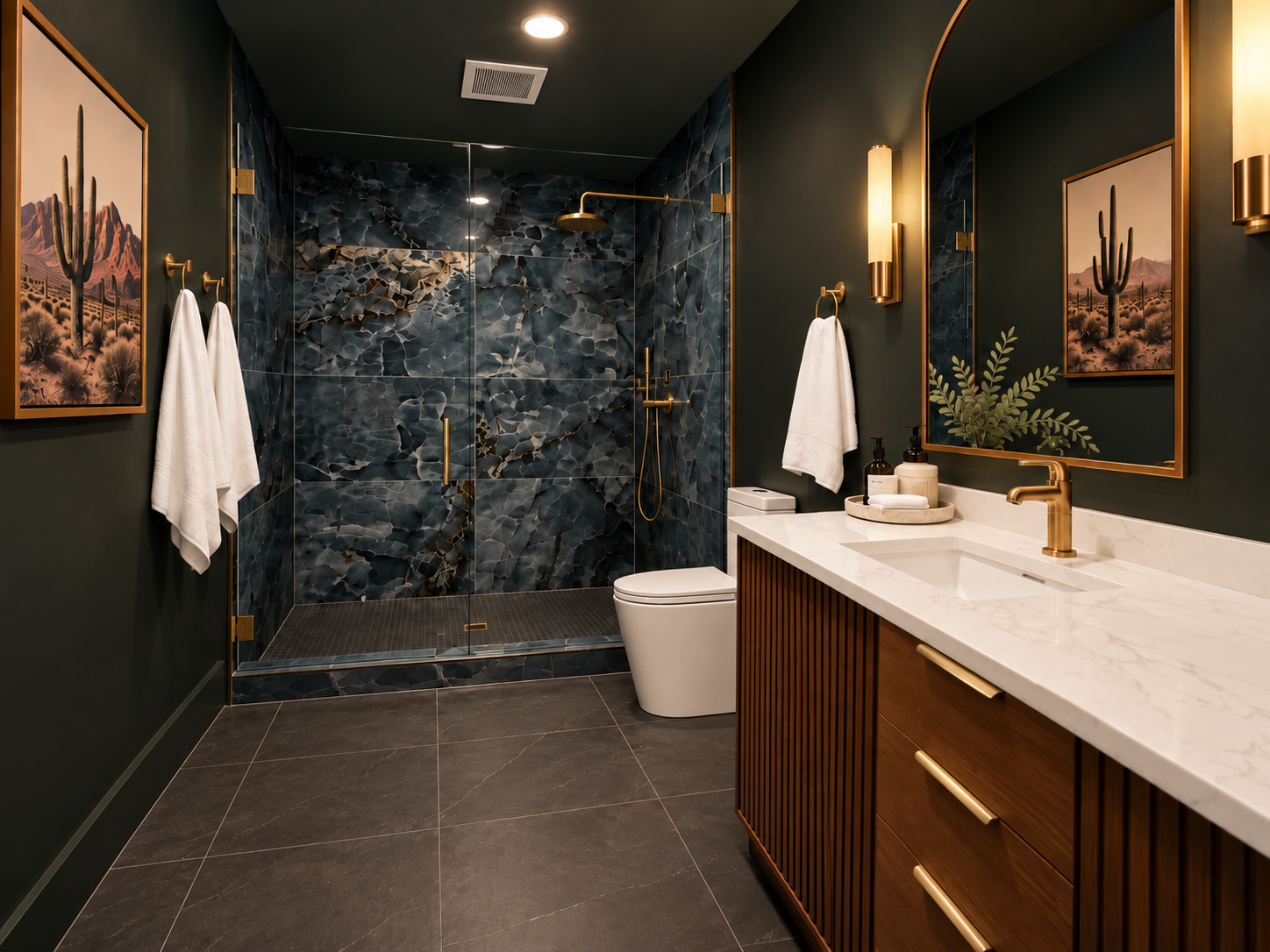 {Bathroom 3} Moody and polished with a double vanity, dramatic stone shower, brass finishes, and plenty of space to get ready without fighting for the mirror.