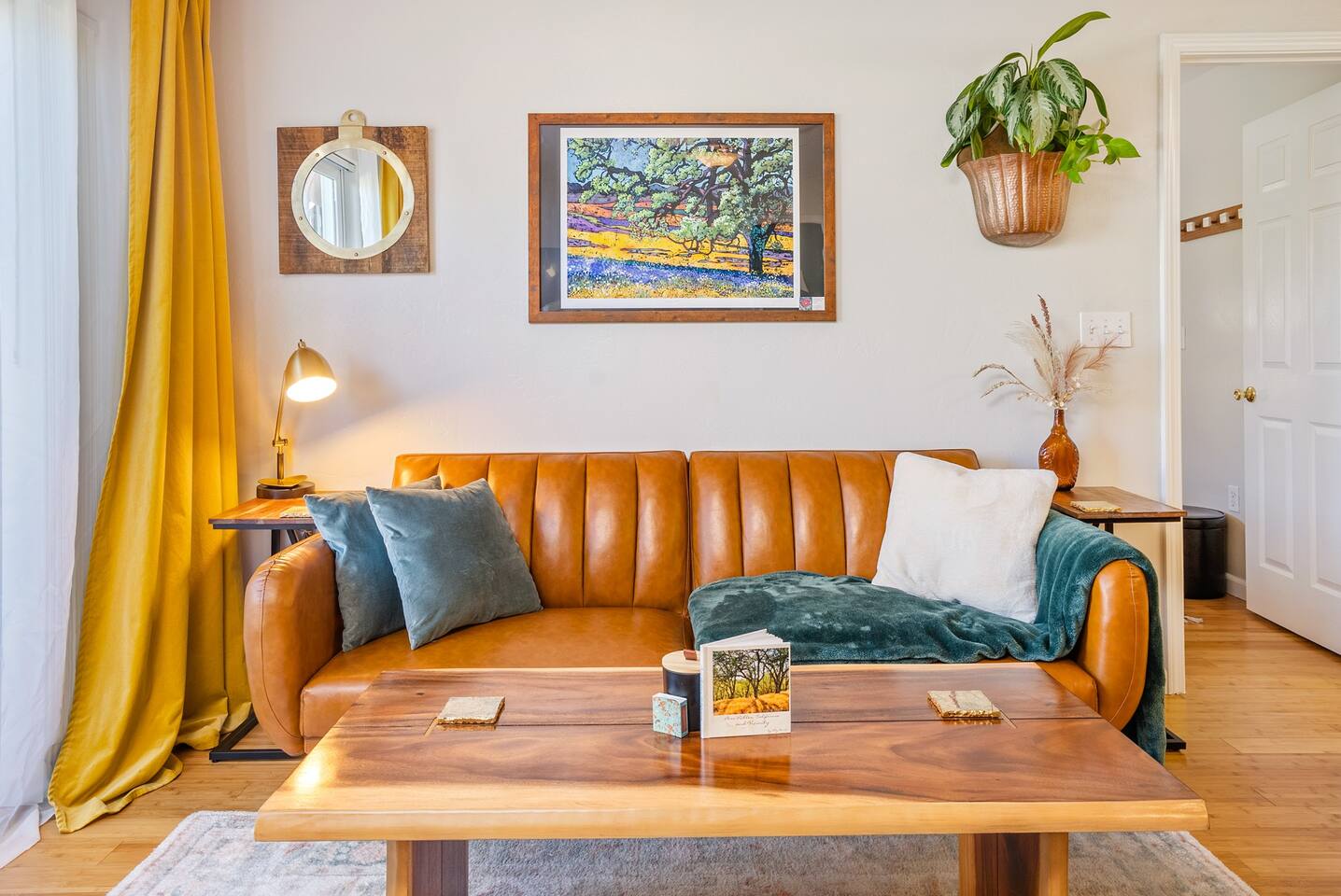 Seating area with convertible futon and local art!