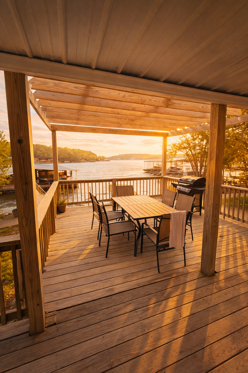 Outdoor dining area with lake views