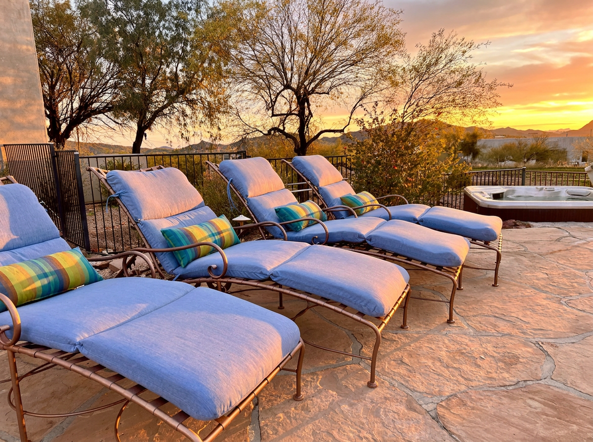 Kick back pool side at Sunset Trails. With comfortable chaise lounges, plenty of umbrellas and mountain views