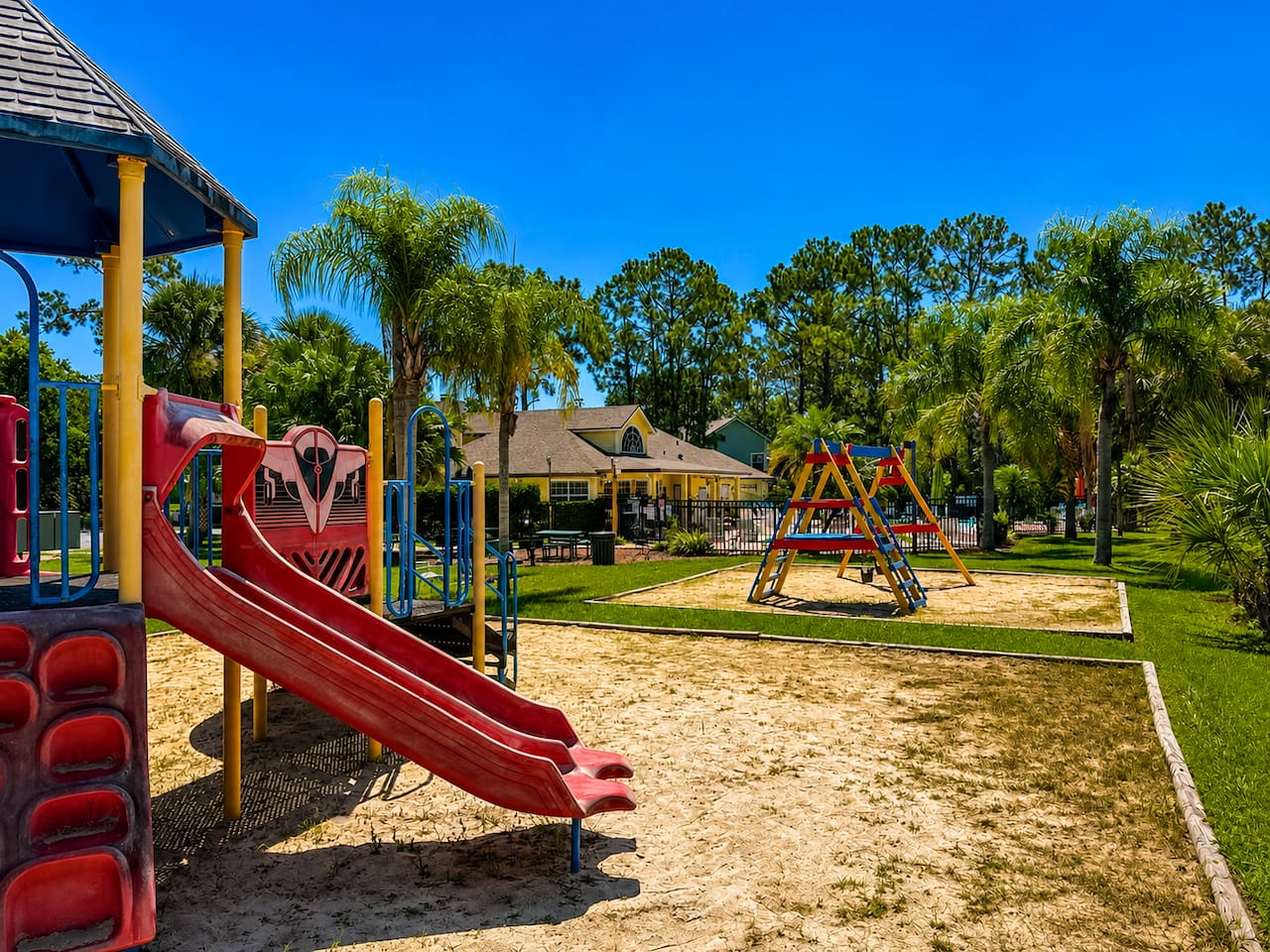 Family-friendly playground with slides, swings, and plenty of room for children 