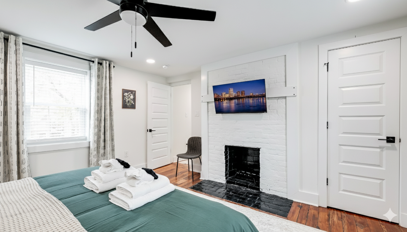 Charming Bedroom: Modern decor, plush bedding, and a cozy fireplace make your stay unforgettable!