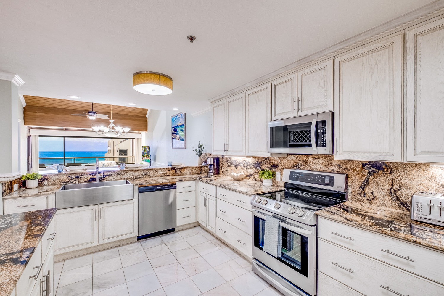 Huge kitchen with plenty of counter space to make cooking a group effort! All the kitchen essentials are provided to whip up a feast!