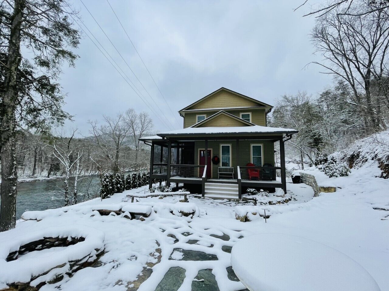 Snow, the Red Gate Cottage, and the rushing French Broad River