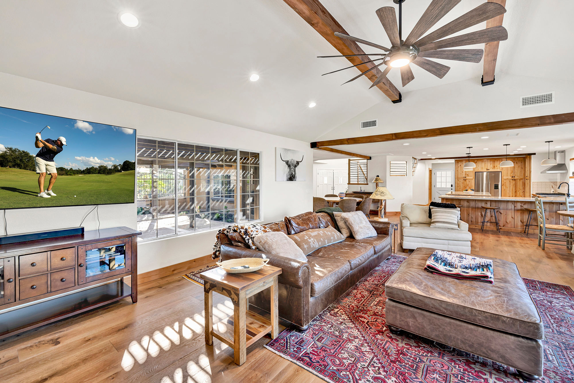 Open living spaces with bright, Mediterranean‑style finishes — ideal for lounging after a day of wine tasting.