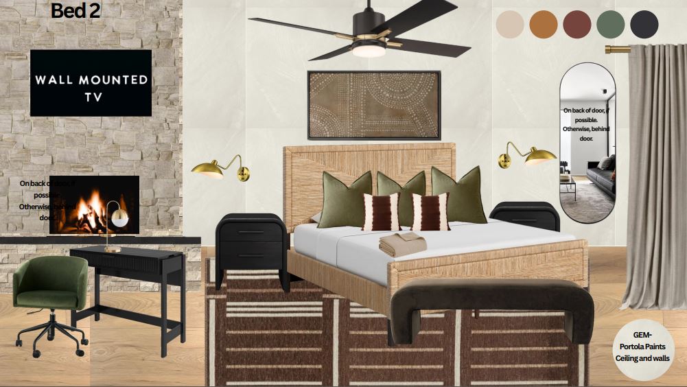 Chic guest bedroom with fireplace, modern textures, and cozy seating.