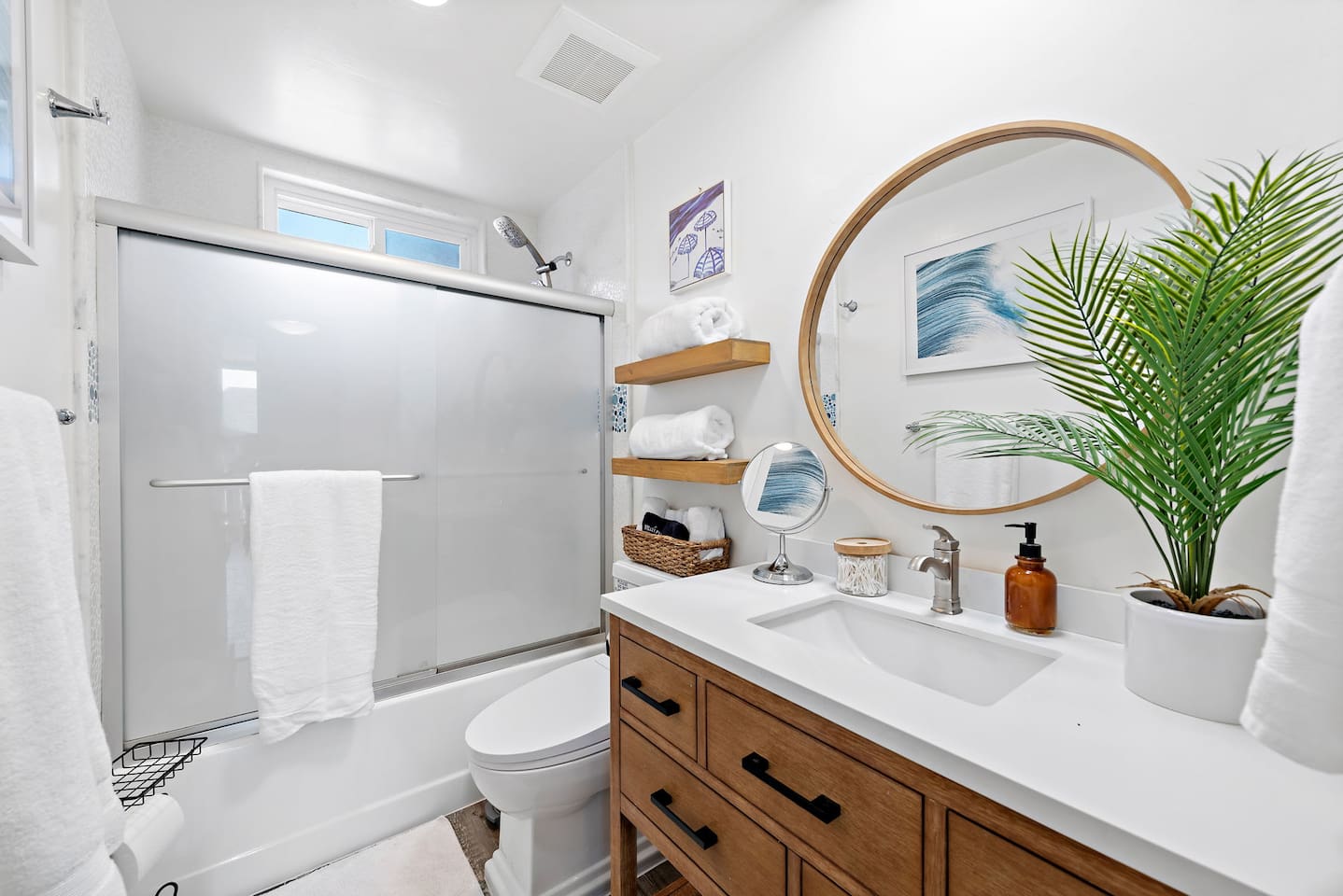 Our bright and clean bathroom is fully-equipped with soap, shampoo, and conditioner.  The building has a water softener so the shower feels luxurious.  There is also an outdoor shower for use after the beach.