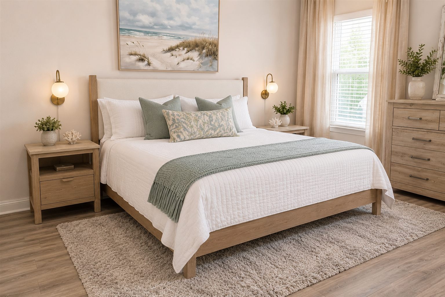 Luxurious primary suite with king bed, walk-in closet, and ensuite bath featuring double vanity.
