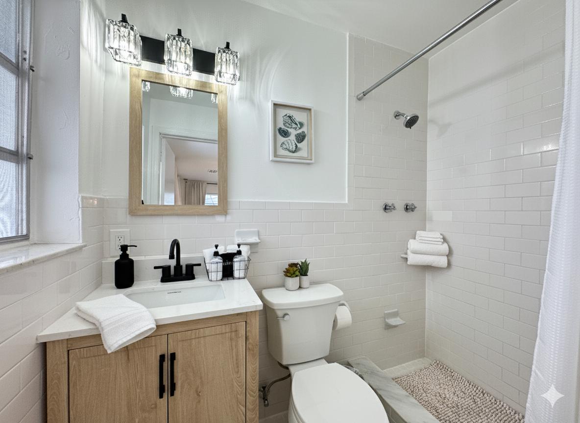Fresh, modern ensuite bathroom offering a stylish vanity, bright lighting, and a clean tiled shower—perfect for getting ready or winding down.