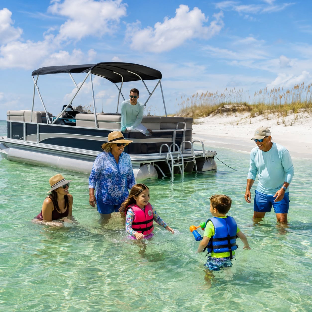 AI-created family boating illustration inspired by Shell Island. Pontoon rentals, equipment and excursions are separate from your stay.