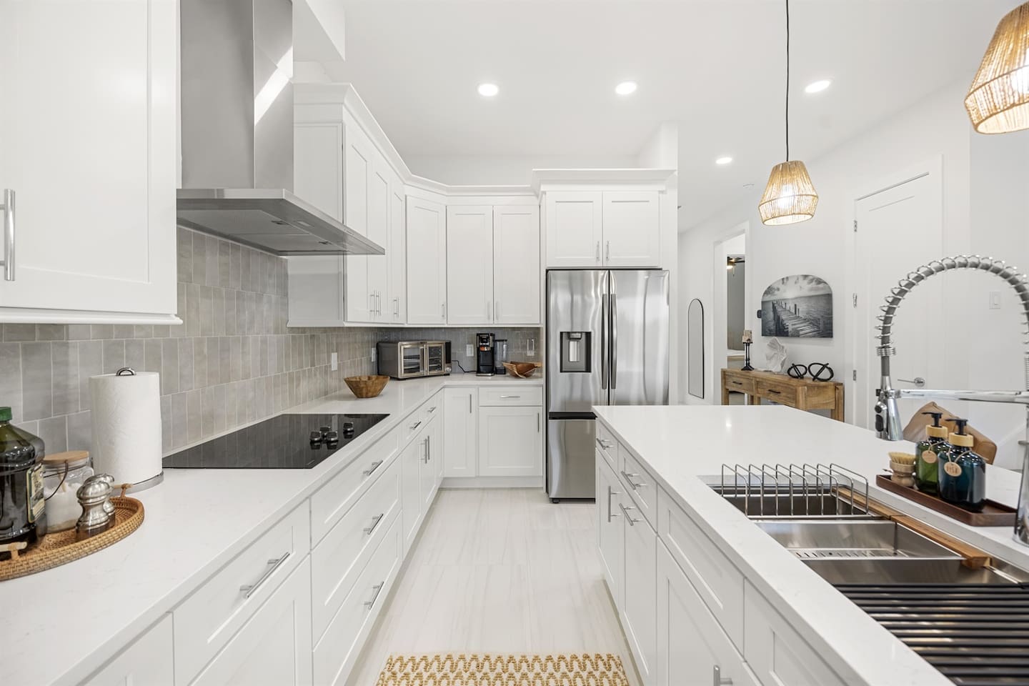 Our kitchen is fully stocked with everything you need for a comfortable stay, including high-end appliances and essentials.