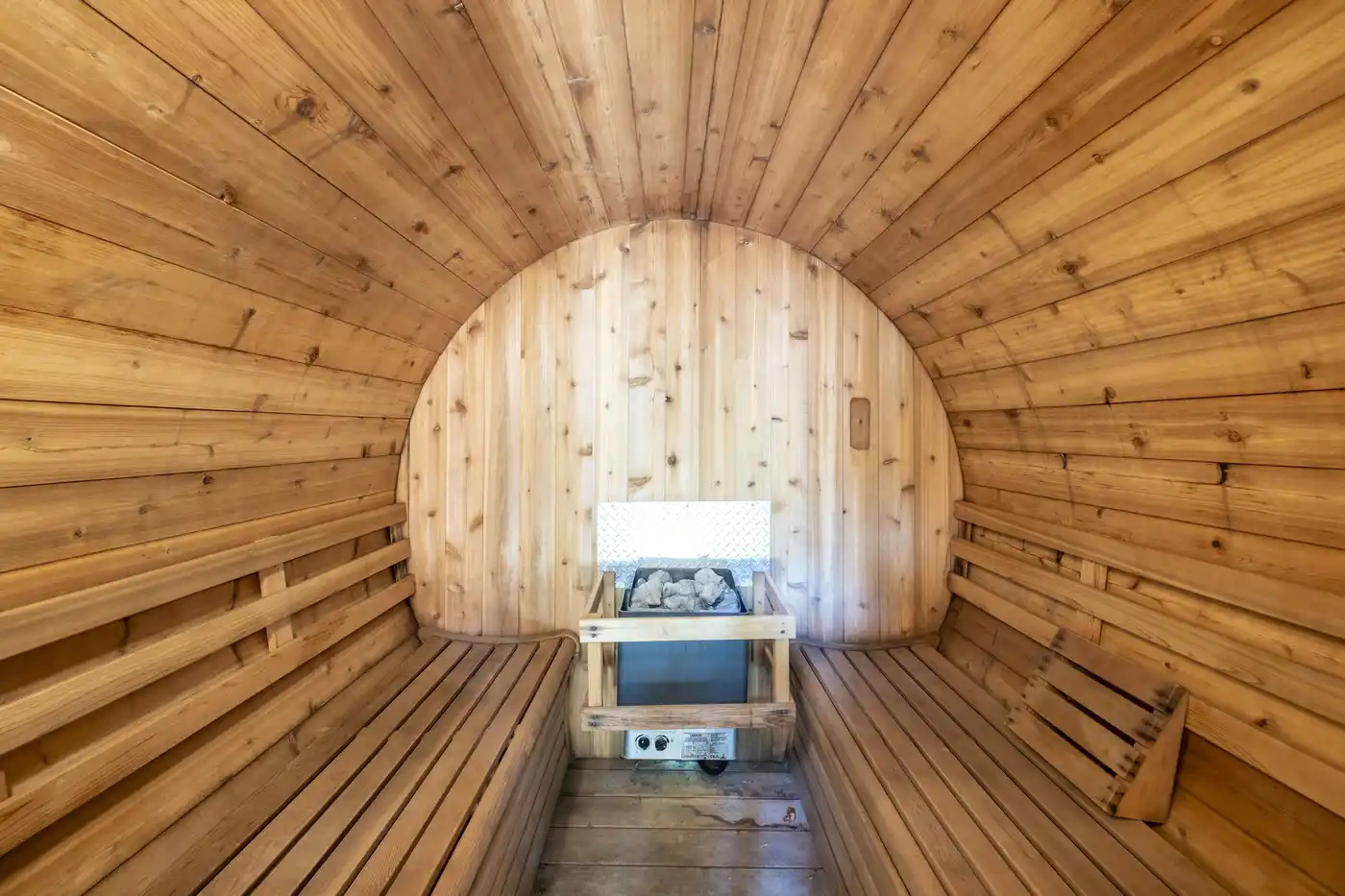 Interior view of the private barrel sauna