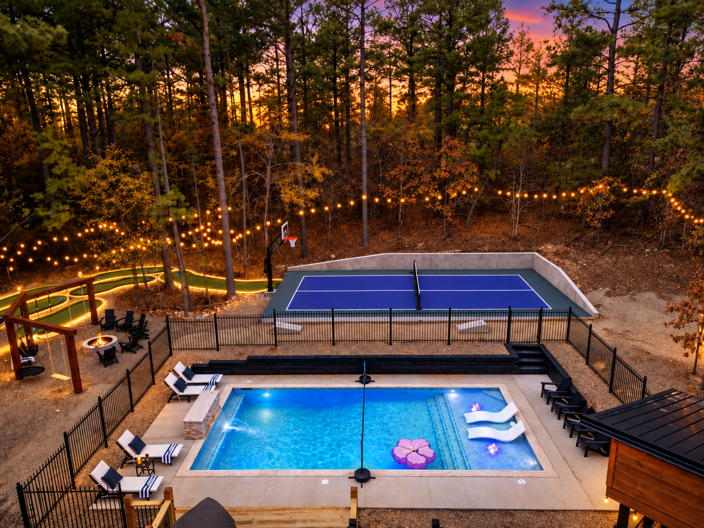 Your private Year-round Retreat! Relax by the pool, play pickleball or basketball, and enjoy glow golf under towering pines. Relax on swings or loungers! Pool heating is optional and available for a fee.
