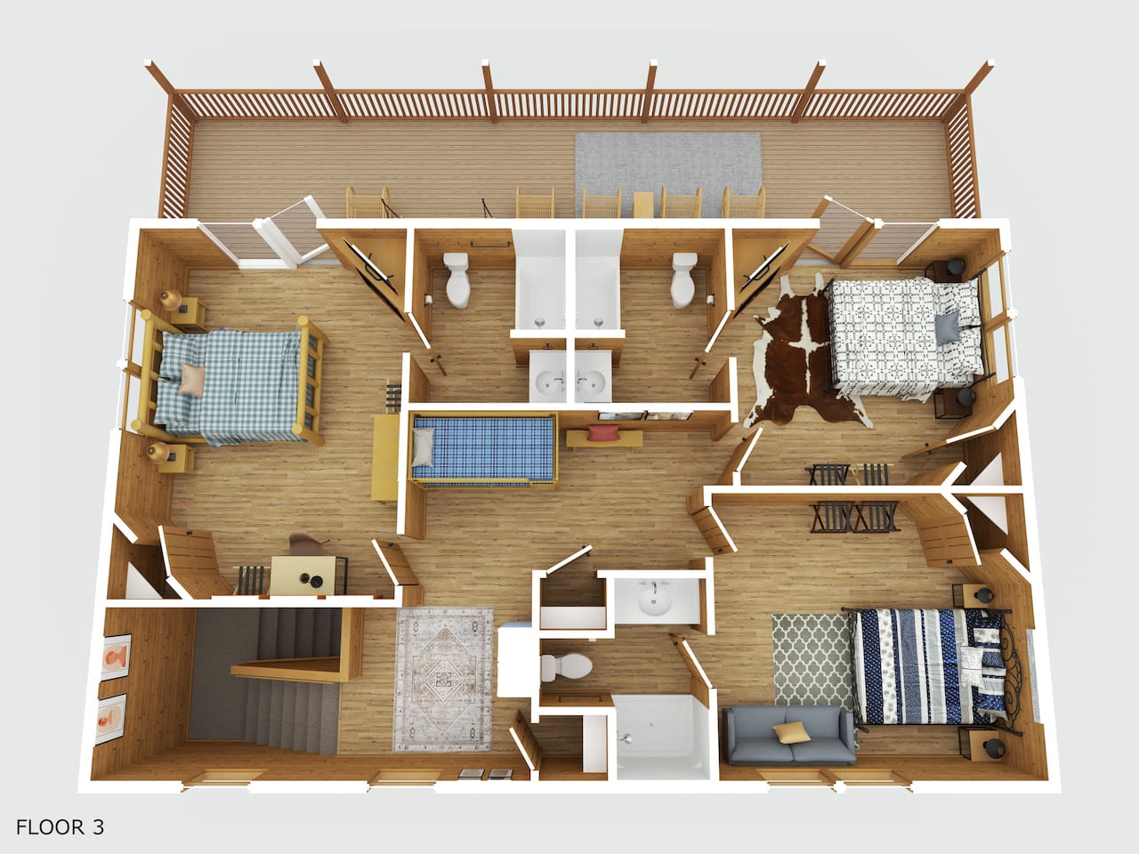 Upper Floor Layout- 3 king bedrooms, 3 full bathrooms, the open loft with twin bunk bed, and porch access