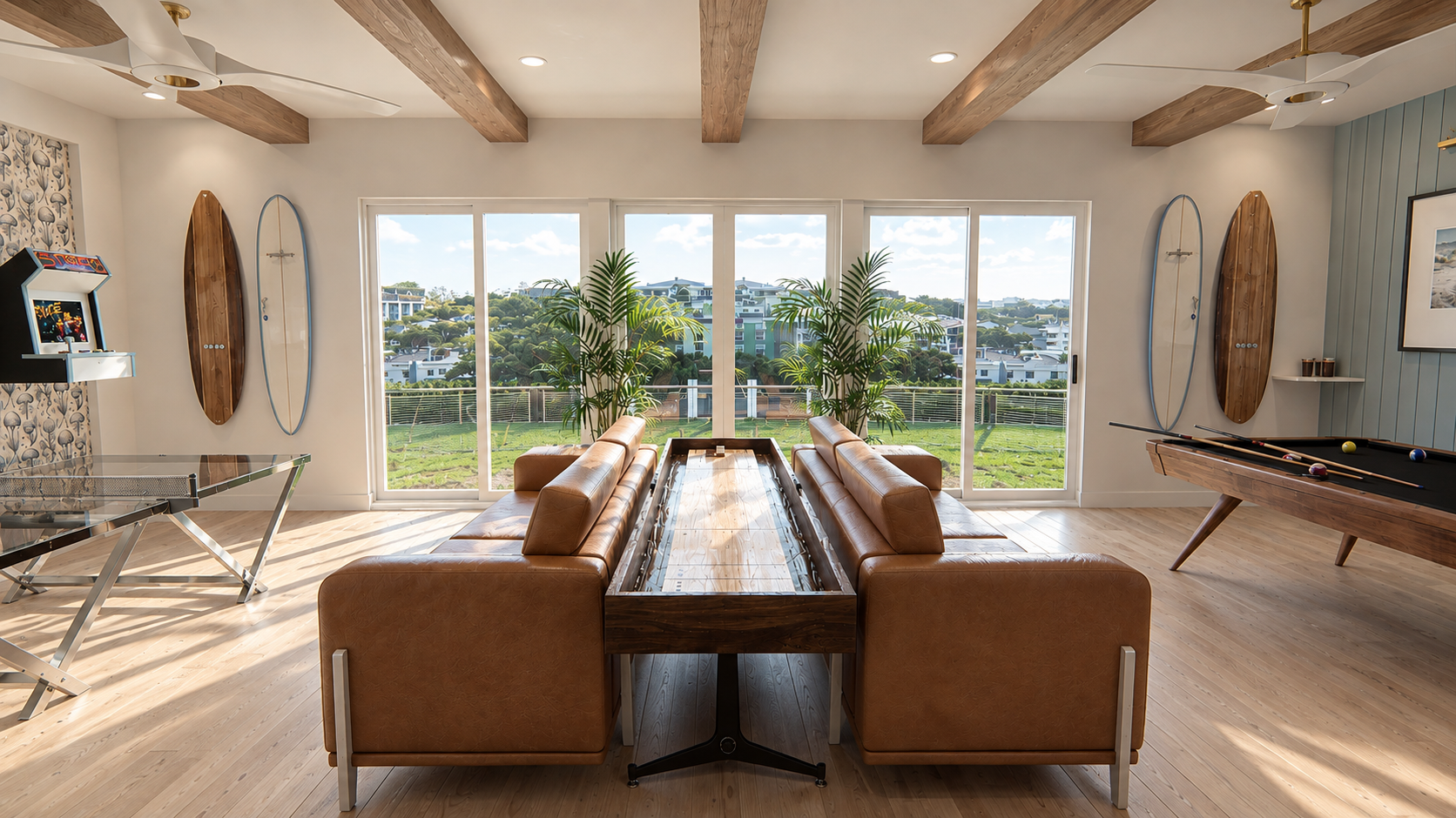 Game Room featuring a Pool Table, Custom-Glass Ping Pong, Shuffleboard, Foosball, and Arcade Games | Rendering 
