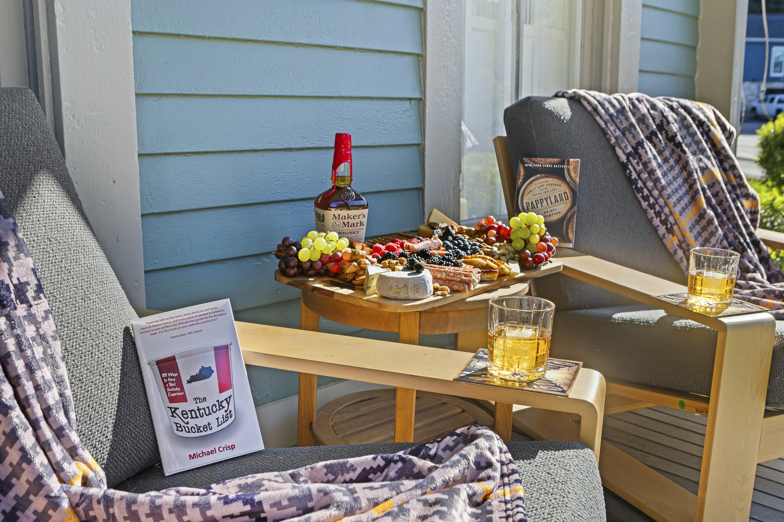 The porch is already stocked with Maker's Mark, a charcuterie board, and the Kentucky Bucket List to help you plan your days.