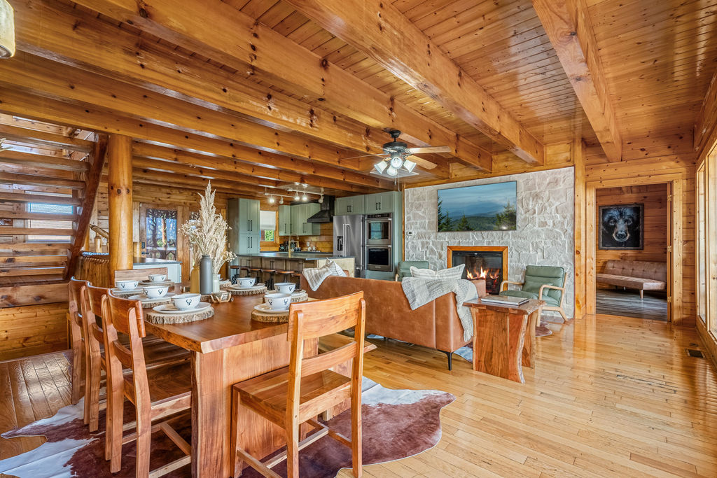Gather around the rustic dining table that comfortably seats eight.