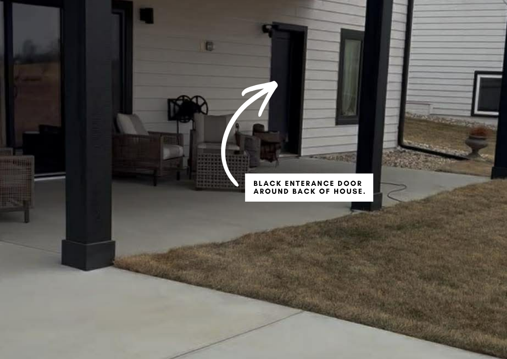 Guest entrance is around back. See the black door that the arrow is pointing to for the correct door for guests to enter in. 