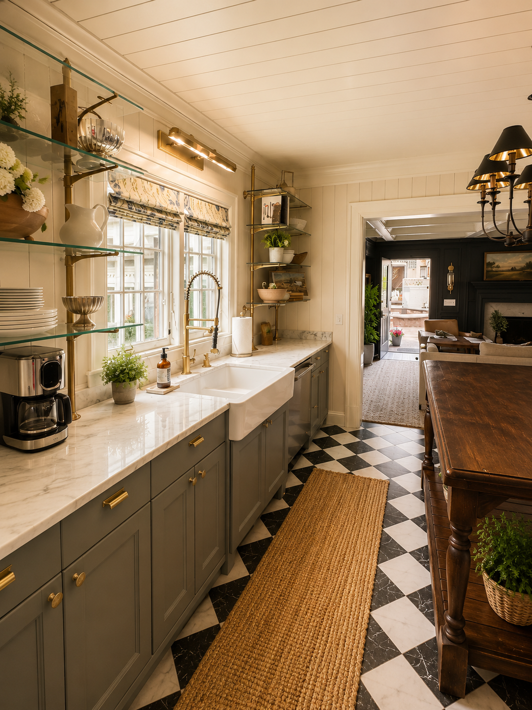 Designed for gathering, this gourmet kitchen features generous counter space, a large island, farmhouse sink, and everything needed for cooking and entertaining. 