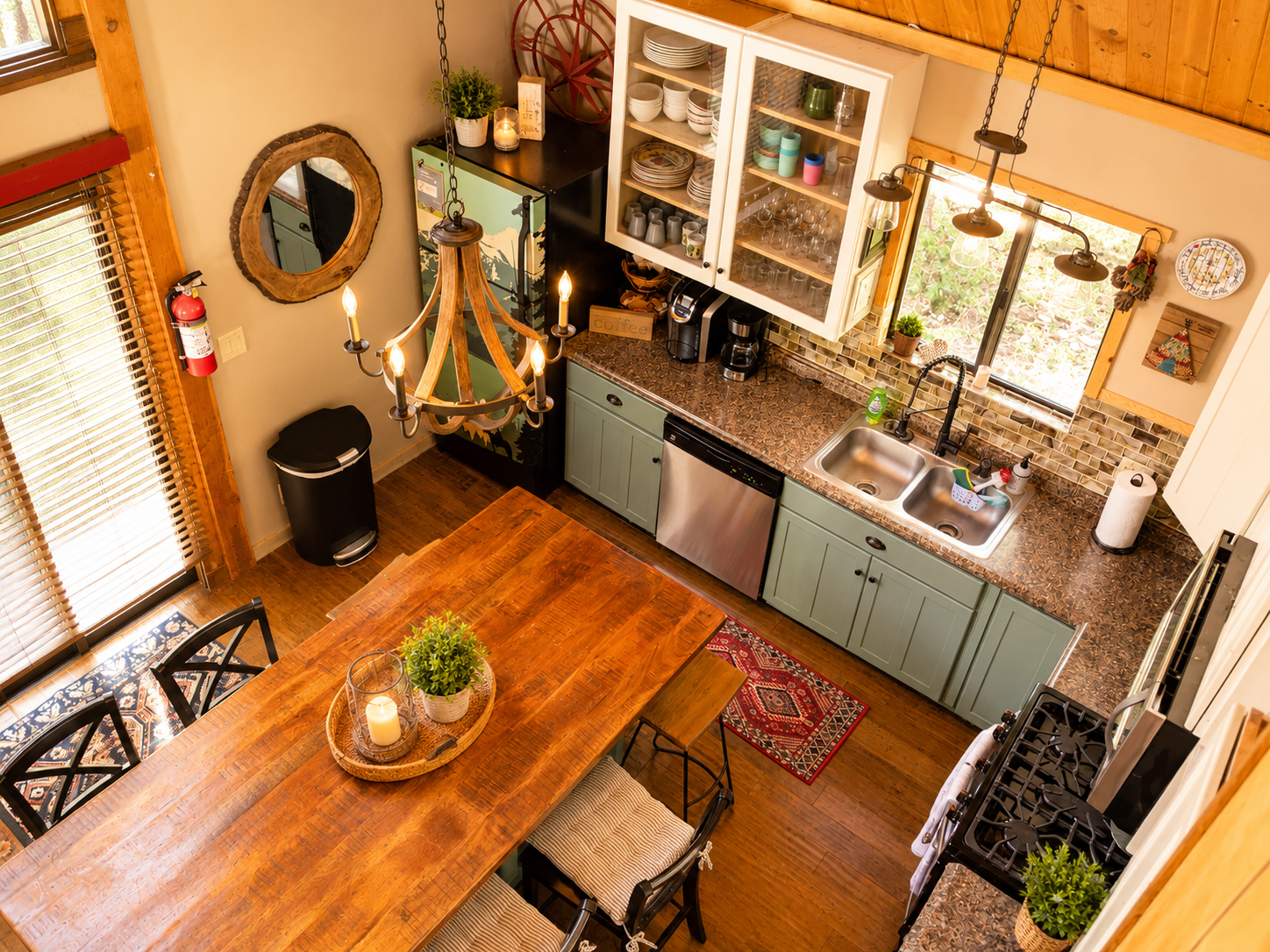Overhead view, looking over the loft of our full kitchen and dining area.  We hope that you will love Lake Tahoe as much as we do!