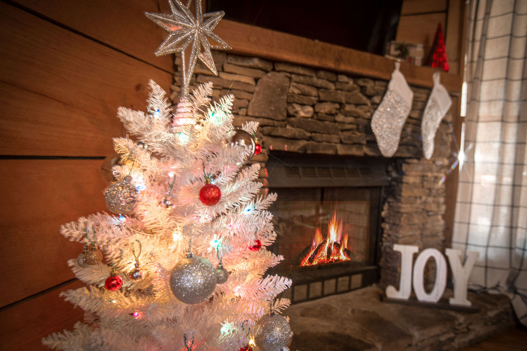 The living room is decorated to bring you holiday joy.