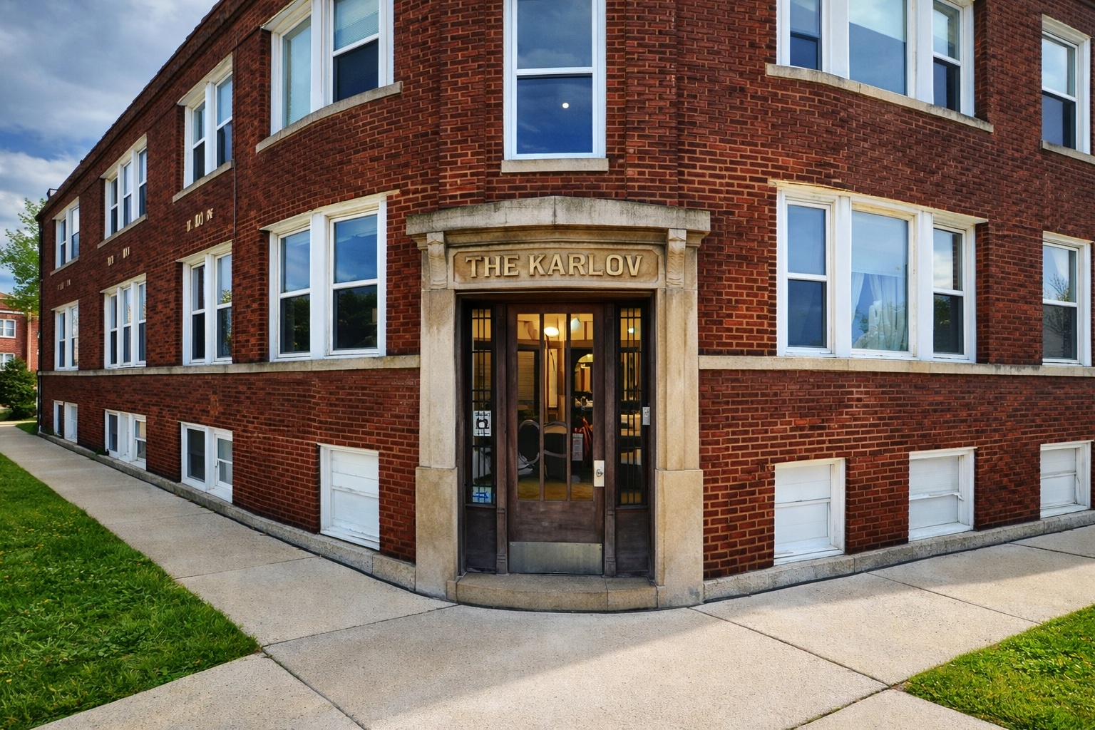 The Karlov Inn — classic Chicago brick building with secure entry in safe residential neighborhood.
