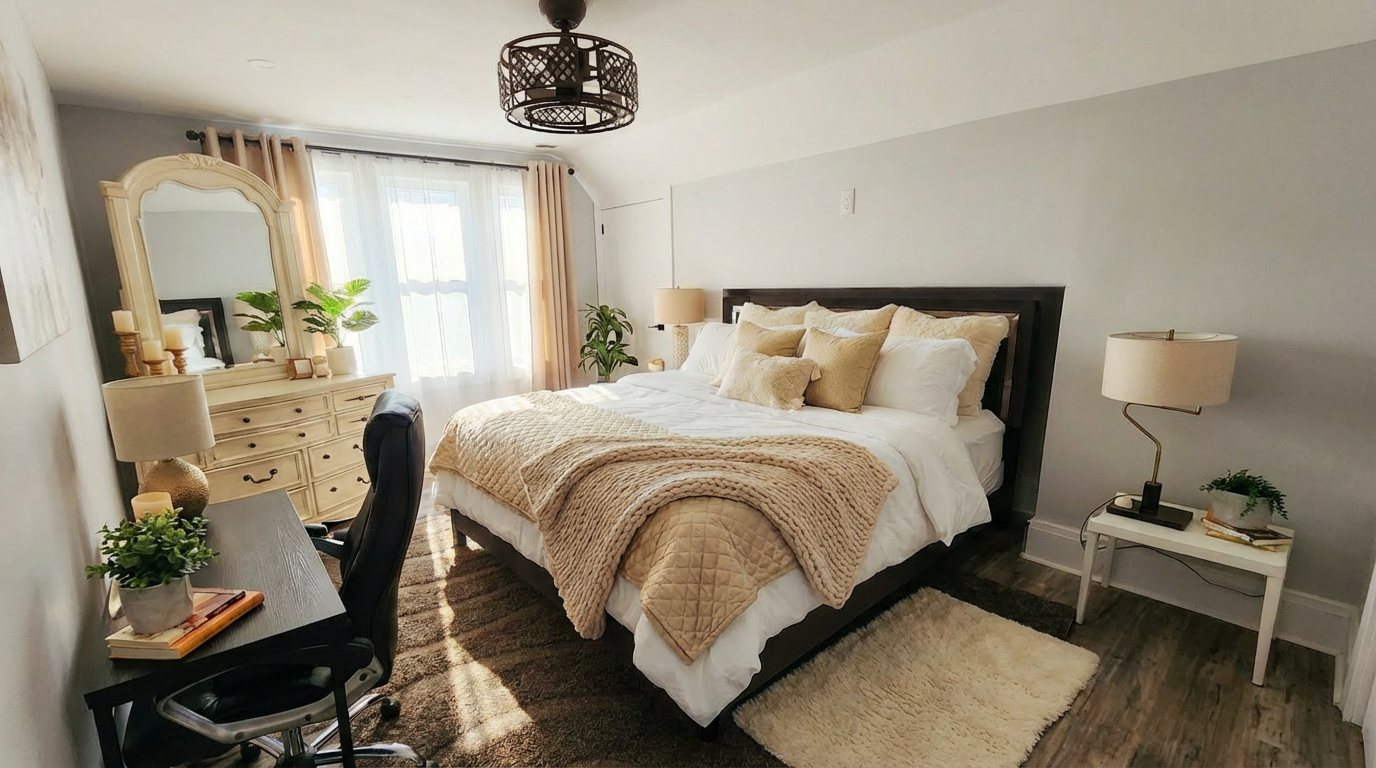 King sized bedroom and Work space