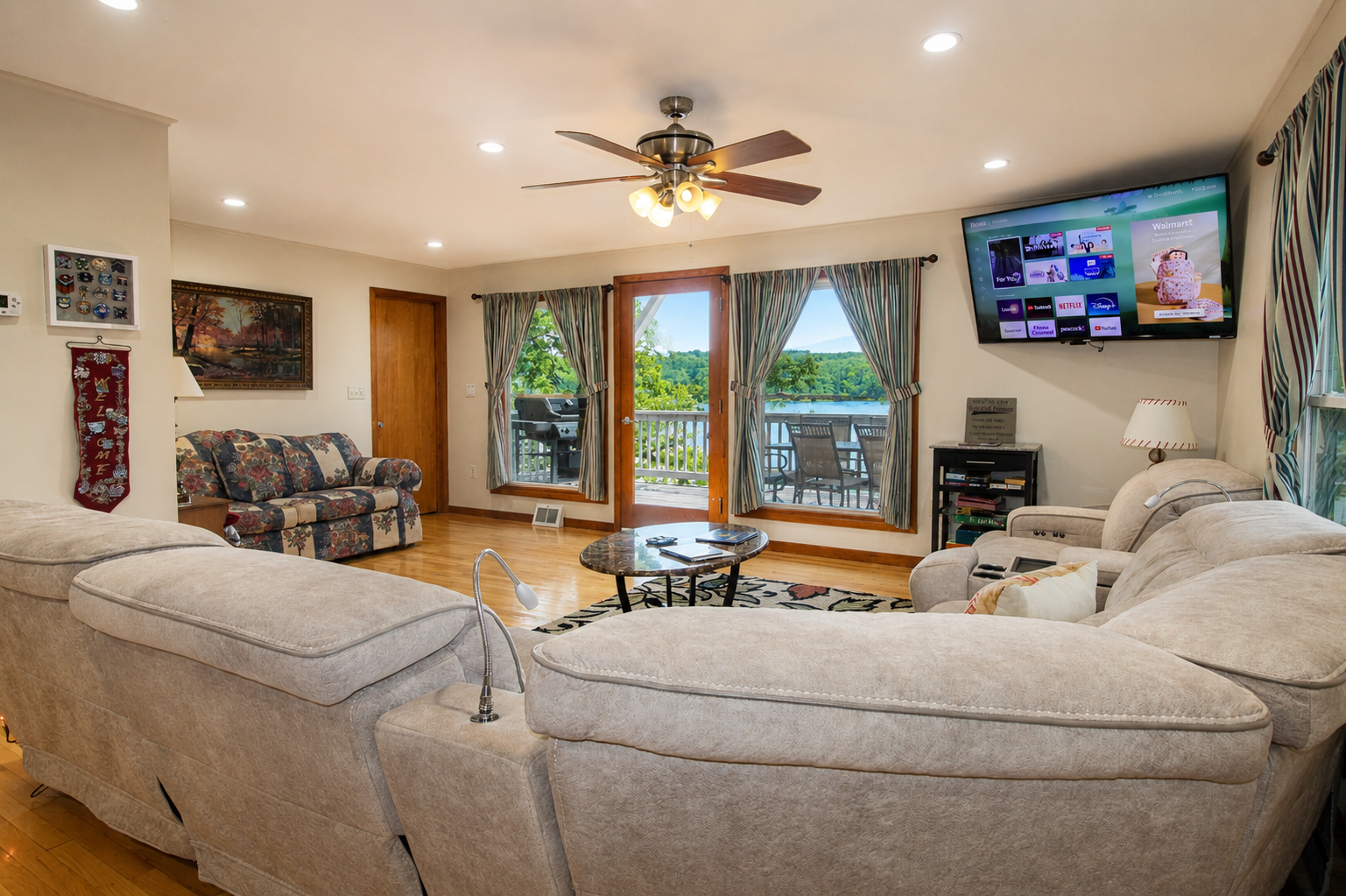 Rain or shine, the view of the lake from the open living room is amazing!